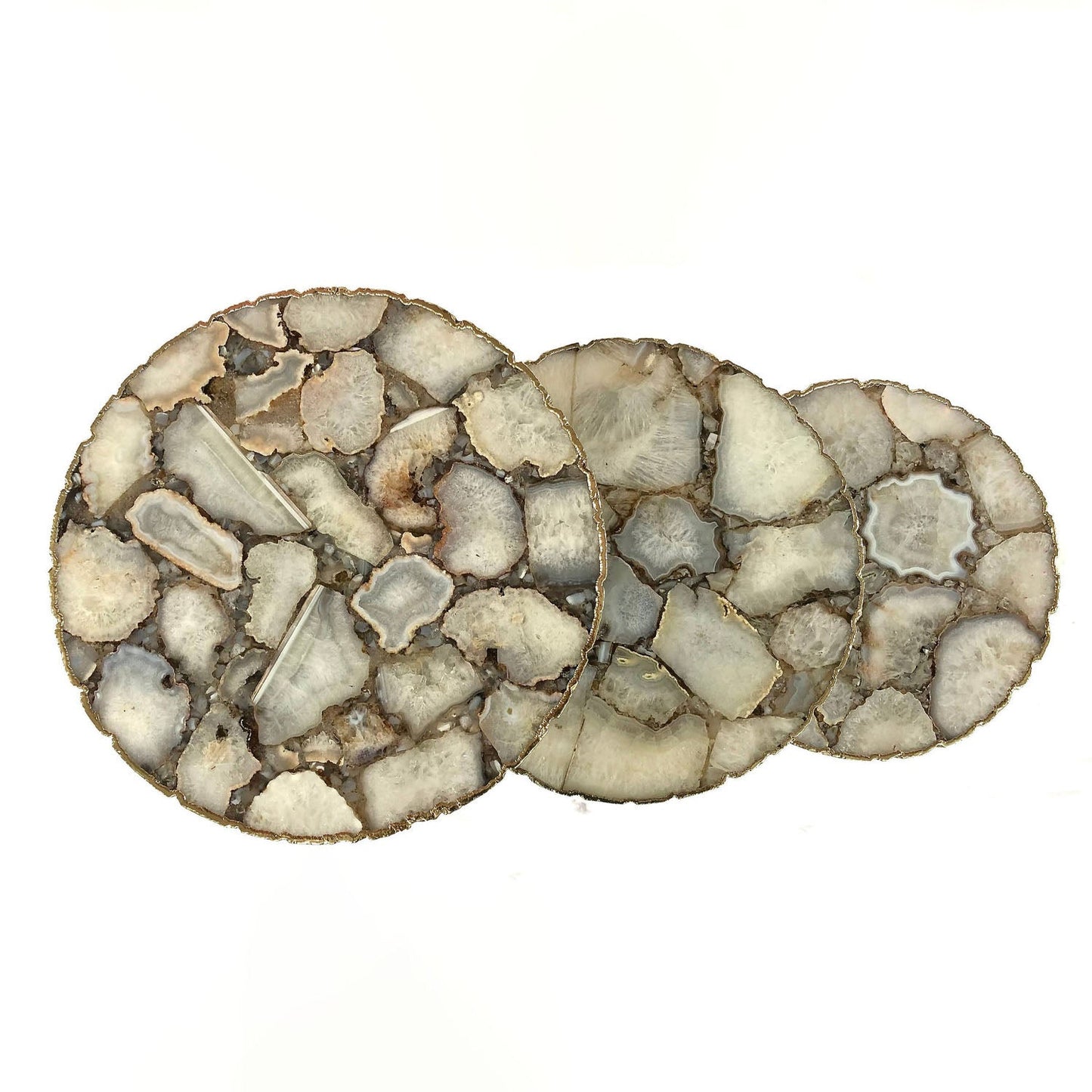 Mesas nido parciales de ágata cristalina blanca (juego de 3) | 40,6 cm, 35,5 cm y 30,5 cm de diámetro