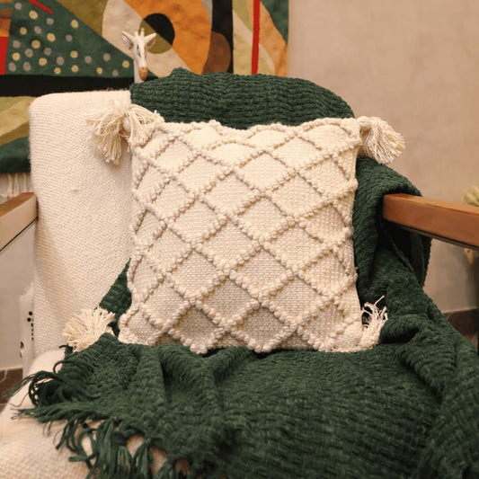 Off-White Tufted Boho Cushion Cover | 45x45cm Cotton Slub | Tassels | Machine Washable-1