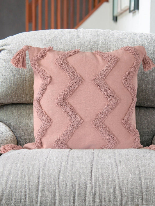 Pink Tufted Cushion Cover | 45x45cm Cotton | Handmade with Tassels | Boho Home Decor-1