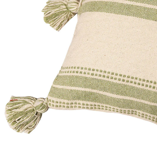 Sage Green Cushion Cover with Tassels | 40x40cm | Striped Cotton | Handmade-1