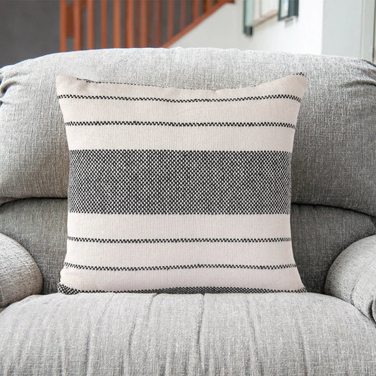 Cream & Black Striped Cushion Cover | 40x40cm | Handmade Cotton | Textured Weave-1