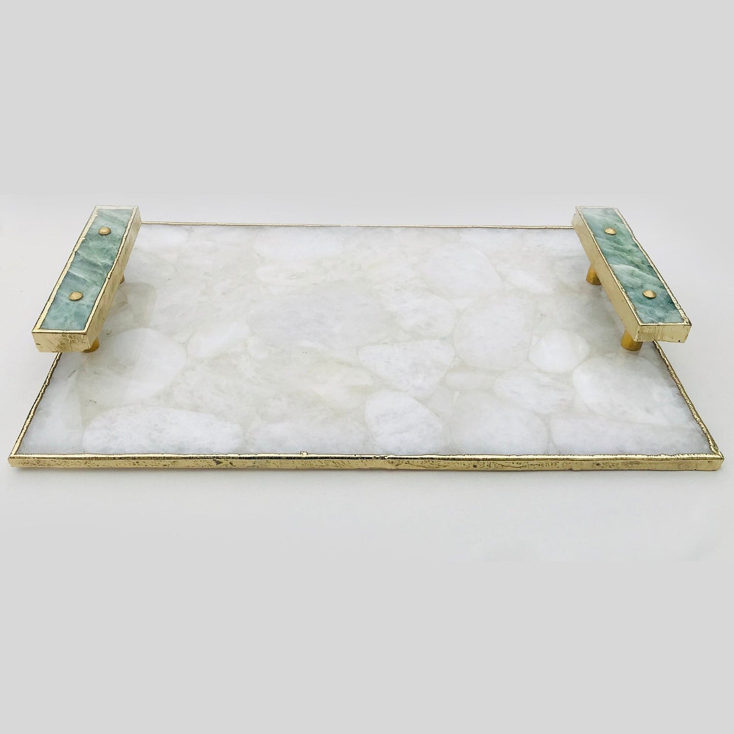 White Crystal Agate Plated Serving Tray With Green Agate Handles/Personalised Momentos/Sign Boards