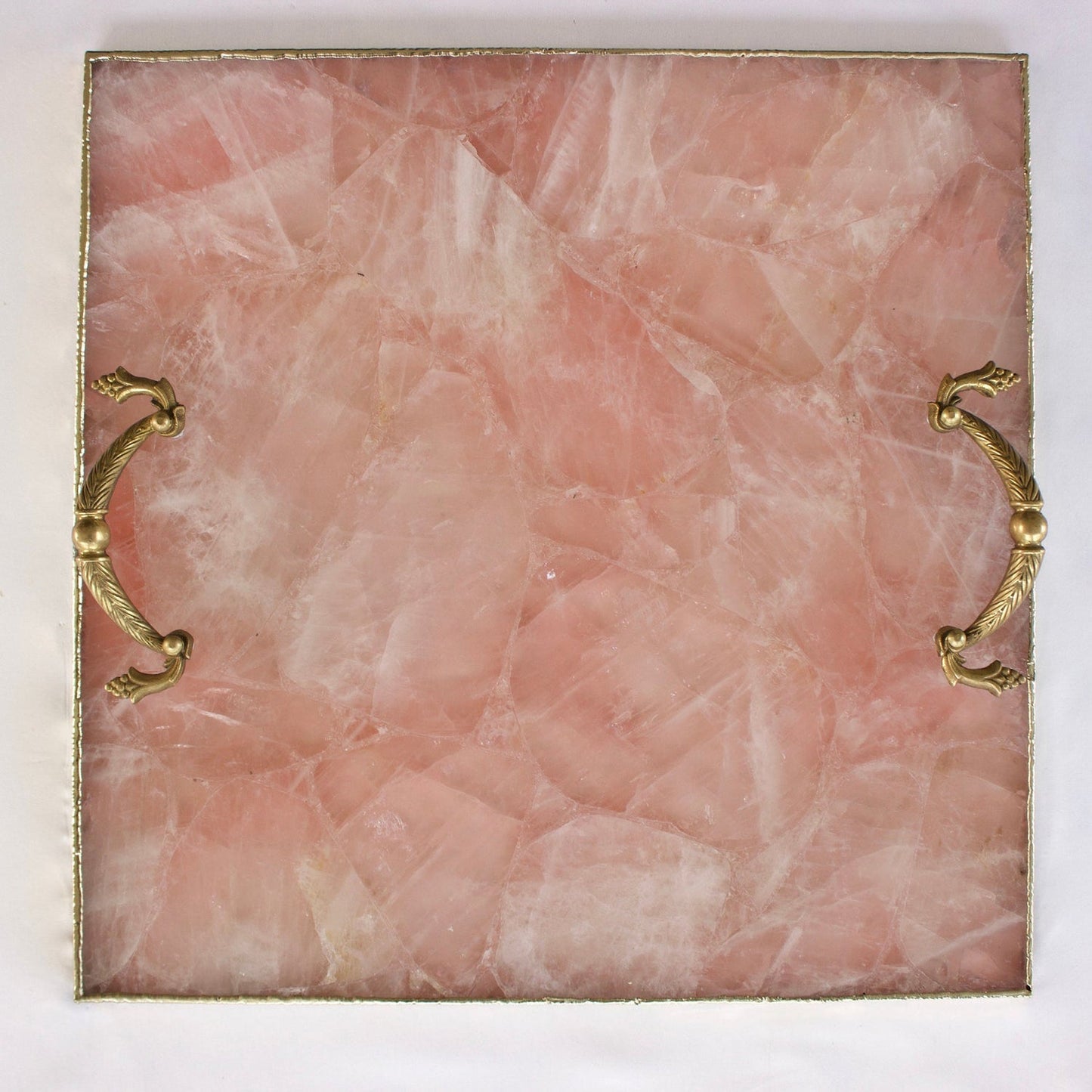 Rose Quartz Agate Serving Tray With Brass Handles | Square