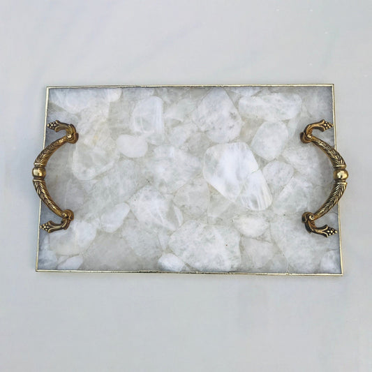 White Agate  Serving Tray With Brass Handles