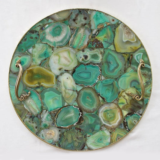 Green Agate Serving Tray With Brass Handles | Circular