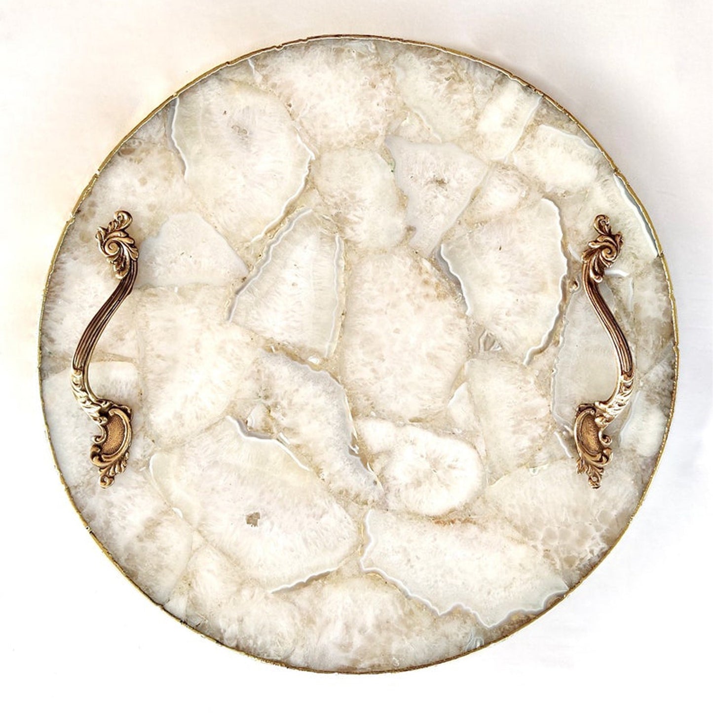 White Agate Serving Tray With Brass Handles | Circular |