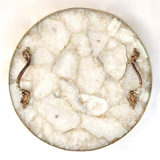 White Agate Serving Tray With Brass Handles | Circular |