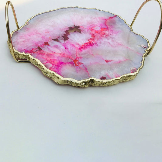 Pink Agate Serving Tray With Brass Loop Handles
