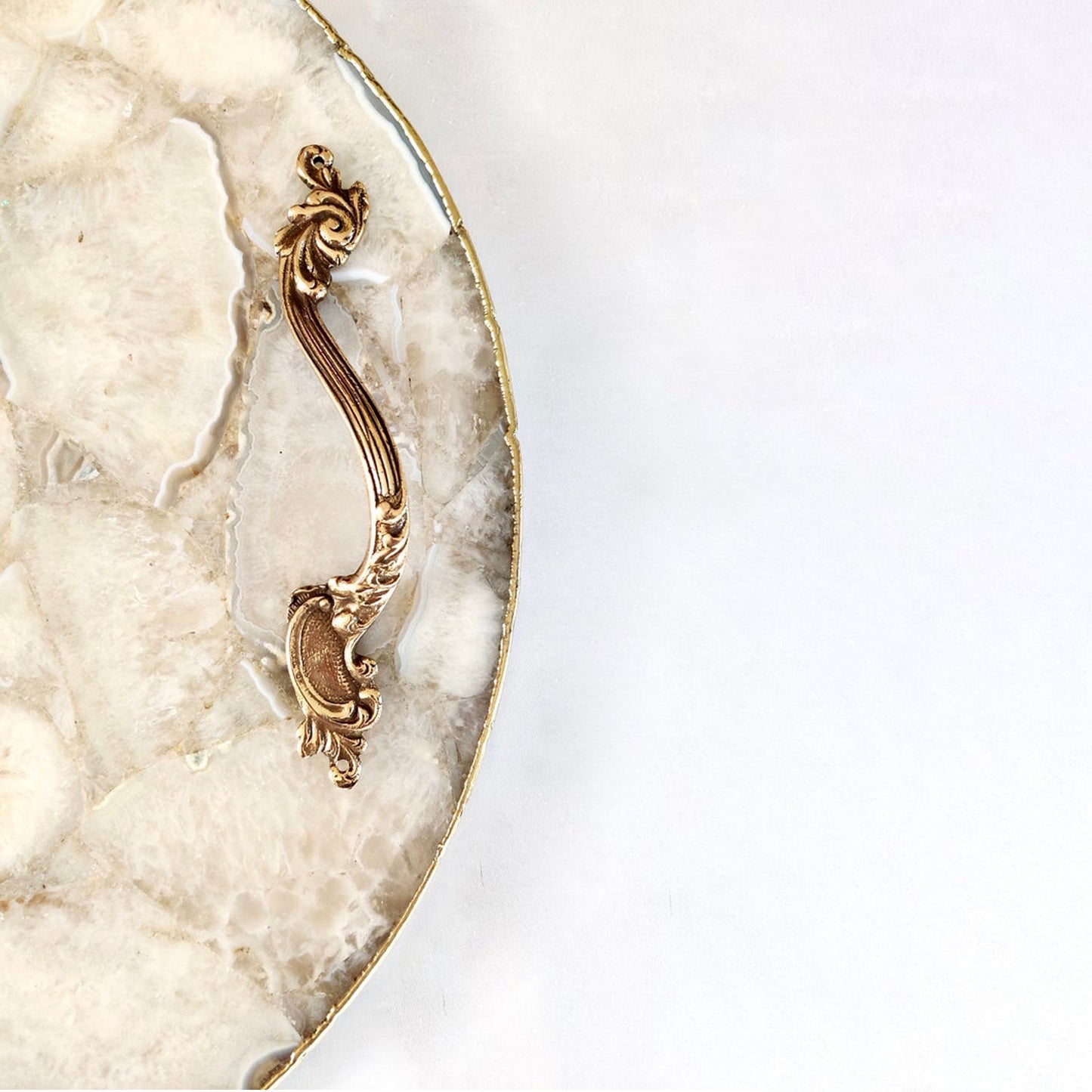 White Agate Serving Tray With Brass Handles | Circular |