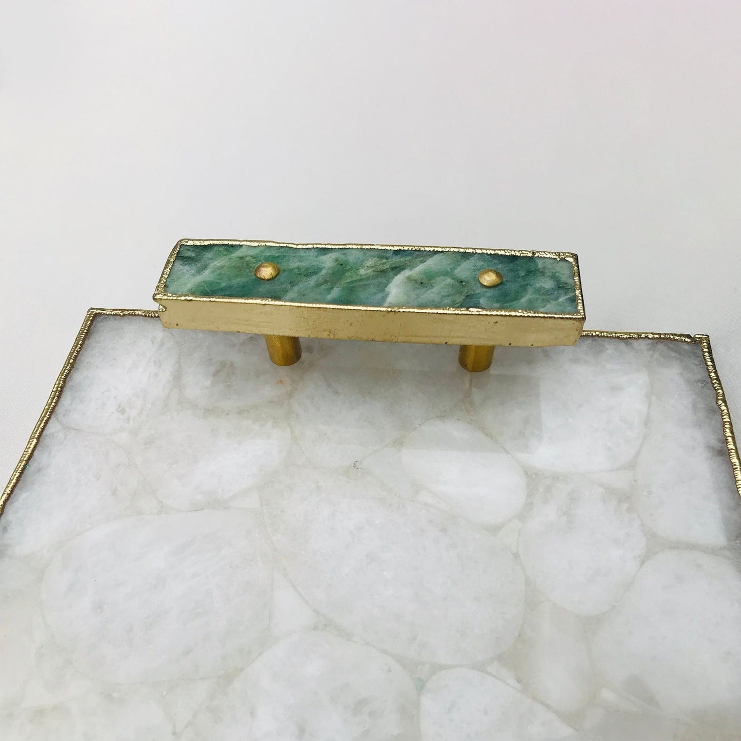 White Crystal Agate Plated Serving Tray With Green Agate Handles/Personalised Momentos/Sign Boards