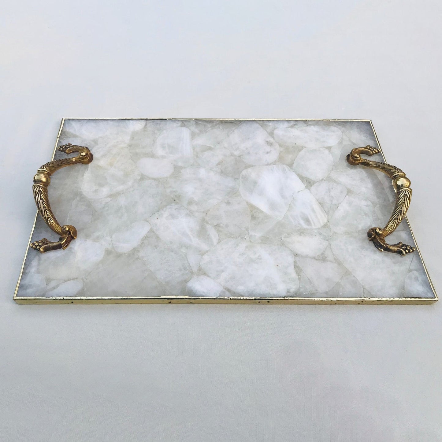 White Agate  Serving Tray With Brass Handles