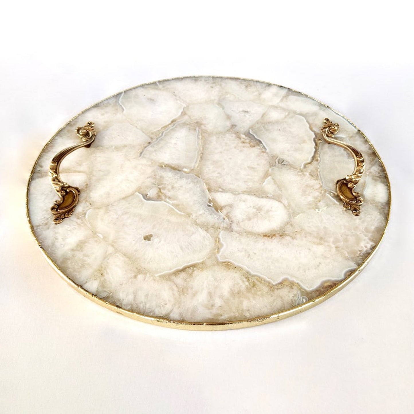 White Agate Serving Tray With Brass Handles | Circular |