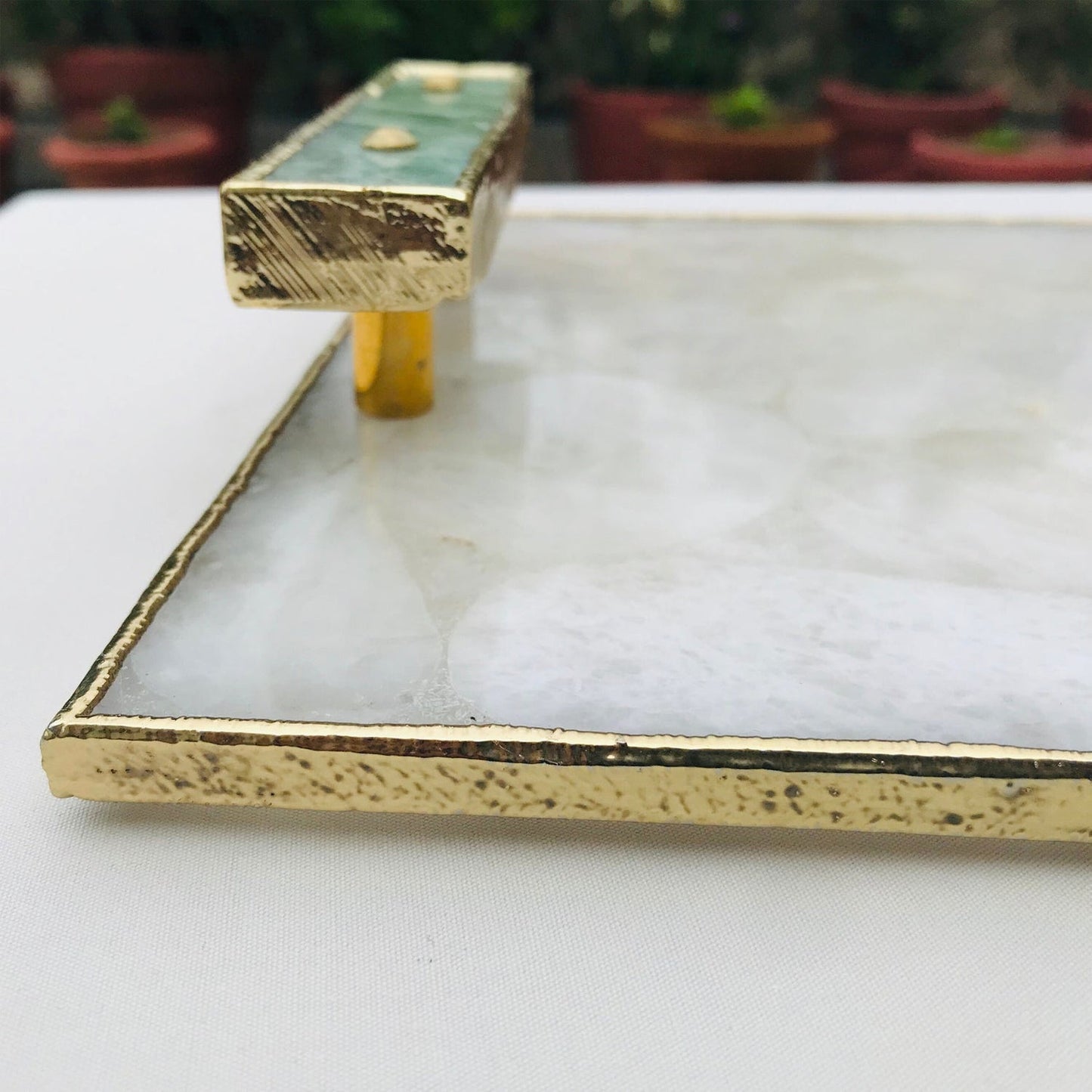 White Crystal Agate Plated Serving Tray With Green Agate Handles/Personalised Momentos/Sign Boards