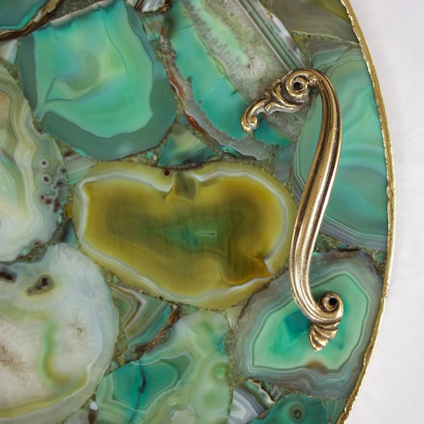 Green Agate Serving Tray With Brass Handles | Circular