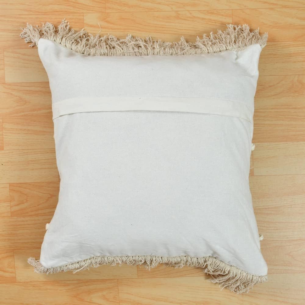 Bohemian Handmade Cotton Cushion Cover 40x40cm - Grey & Beige Zigzag Pattern, Fringe & Tassels-3