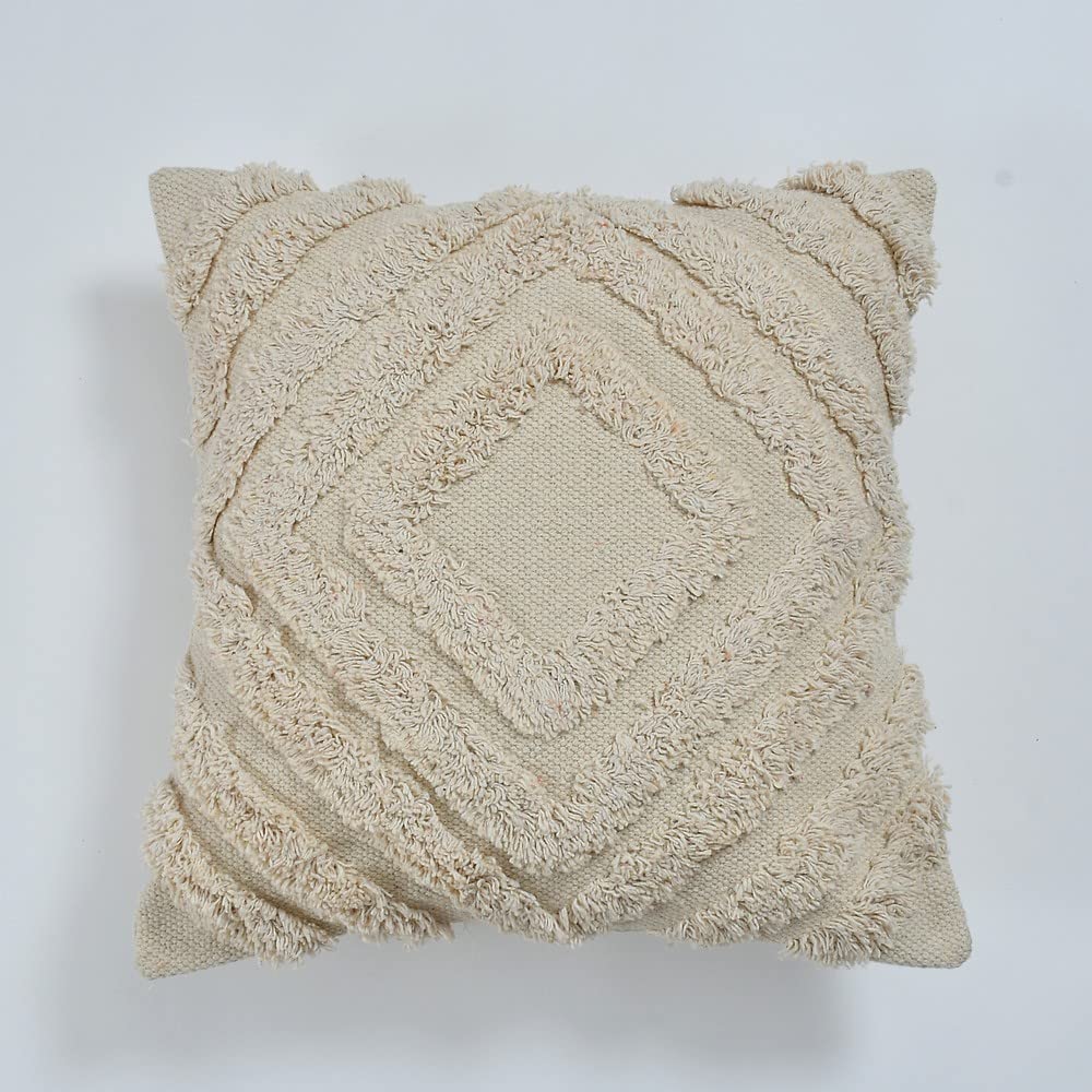 Boho Tufted Cushion Cover | 40x40cm | Cream | Textured Cotton | Handmade-0
