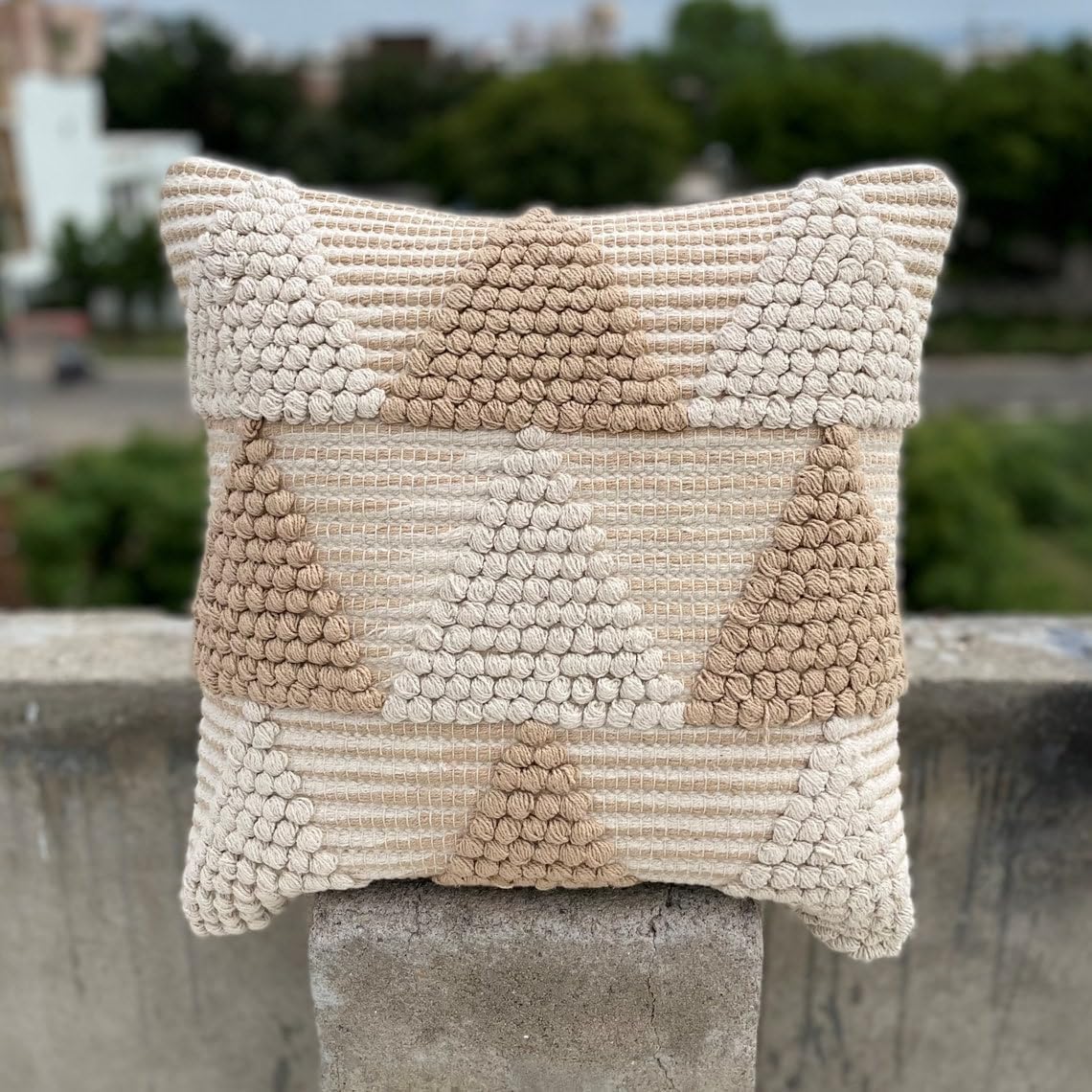 Boho Cushion Cover with Geometric Pattern | 45x45cm | Beige & White | Textured Cotton | Handmade-0