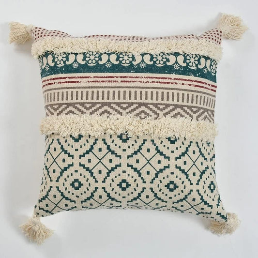 Bohemian Handmade Cotton Cushion Cover 45x45cm - Blue & Beige Geometric Pattern, Fringe & Tassels-1