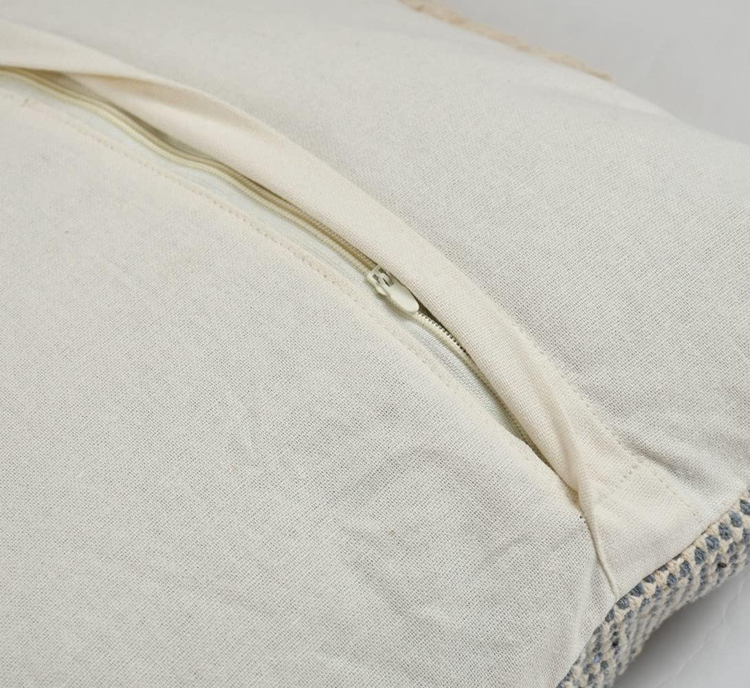 Bohemian Handmade Cotton Cushion Cover 40x40cm - Grey & Beige Zigzag Pattern, Fringe & Tassels-2