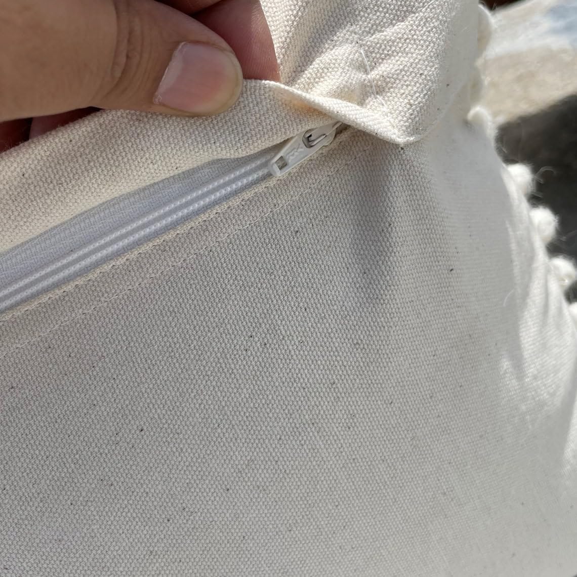 Boho Cushion Cover with Geometric Pattern | 45x45cm | Beige & White | Textured Cotton | Handmade-2