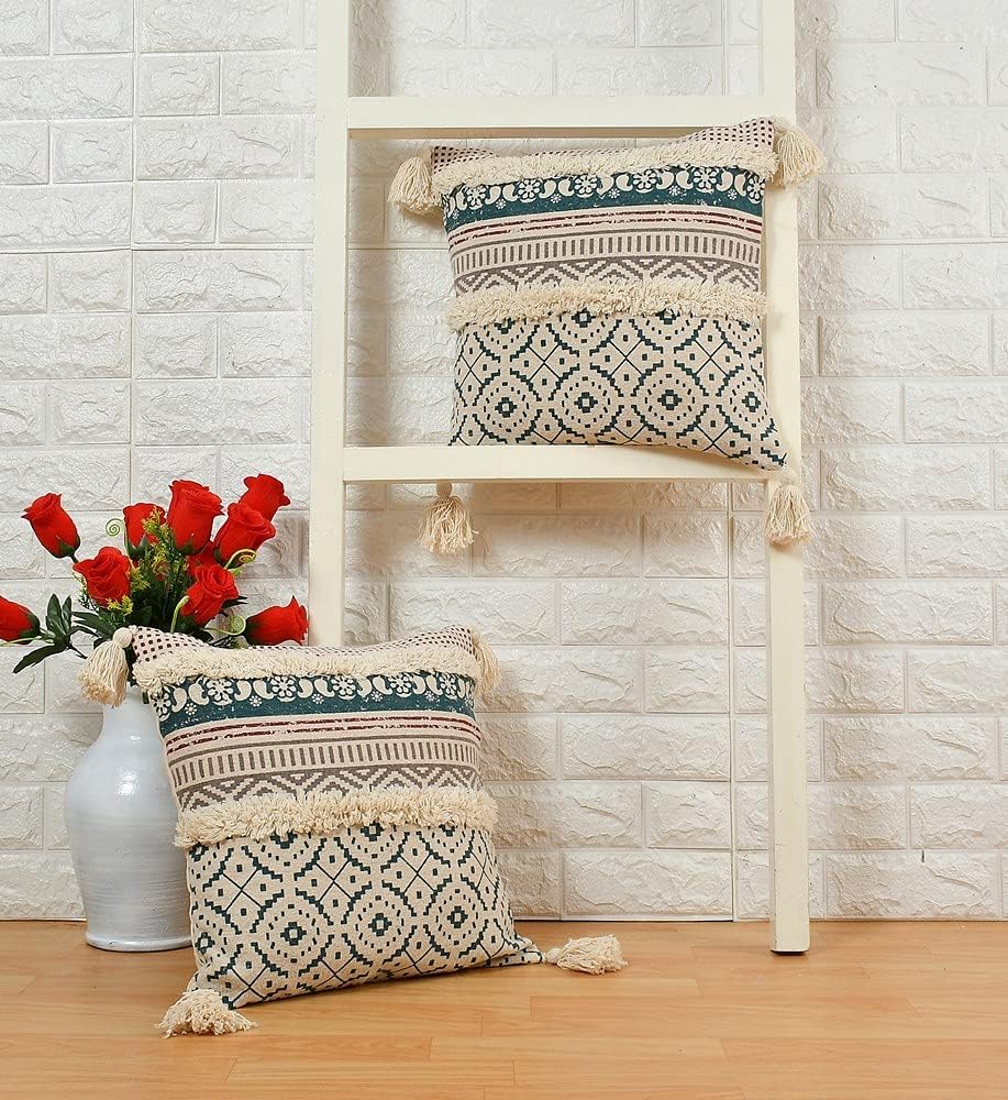 Bohemian Handmade Cotton Cushion Cover 45x45cm - Blue & Beige Geometric Pattern, Fringe & Tassels-0
