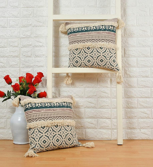 Bohemian Handmade Cotton Cushion Cover 45x45cm - Blue & Beige Geometric Pattern, Fringe & Tassels-0