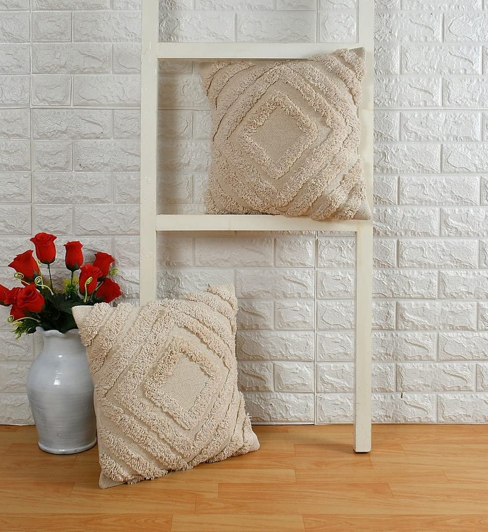 Boho Tufted Cushion Cover | 40x40cm | Cream | Textured Cotton | Handmade-1