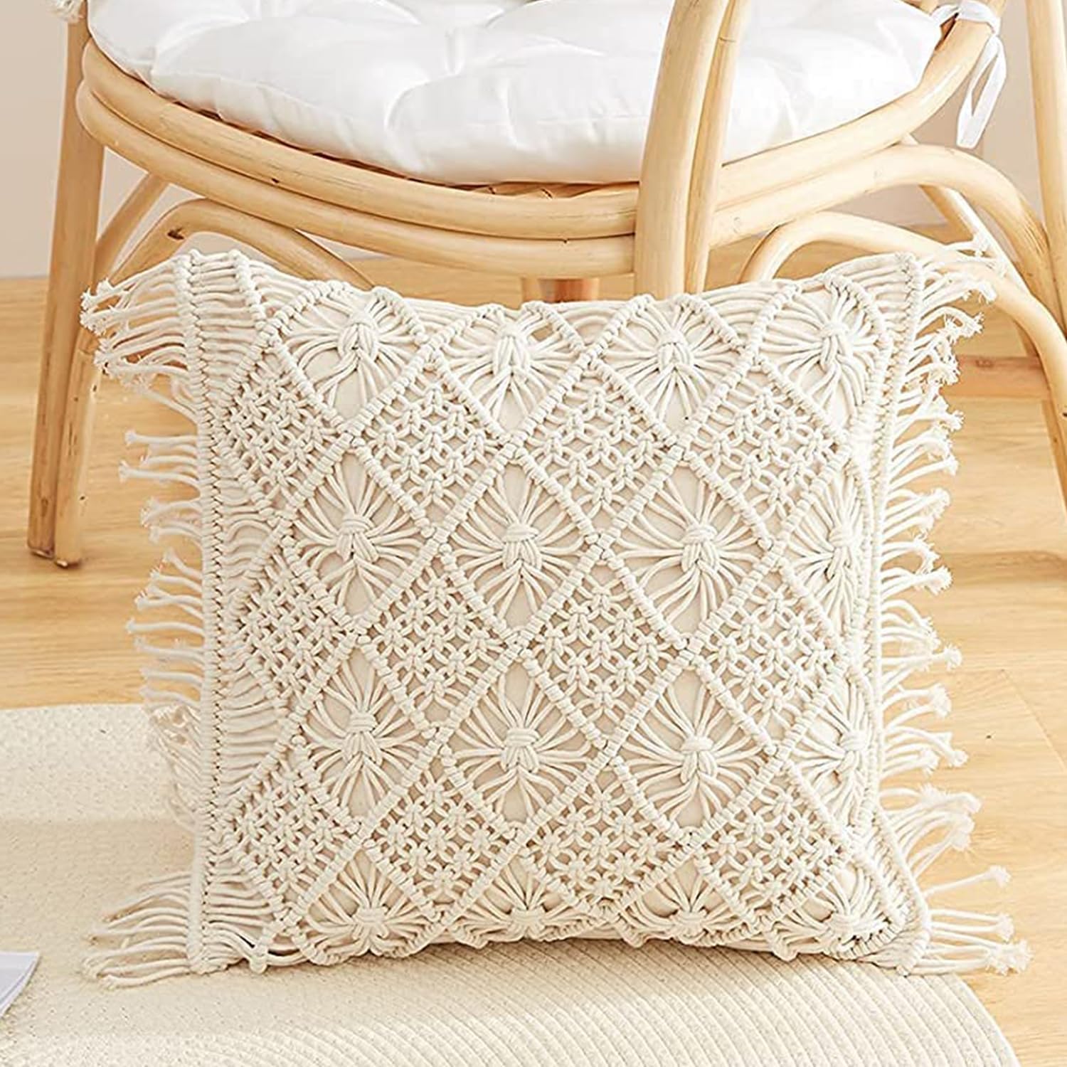Bohemian Macrame Cushion Cover | 45x45cm | Cream Cotton | Geometric Pattern | Fringed Edges-0