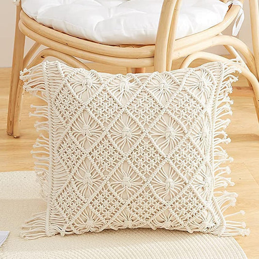 Bohemian Macrame Cushion Cover | 45x45cm | Cream Cotton | Geometric Pattern | Fringed Edges-0