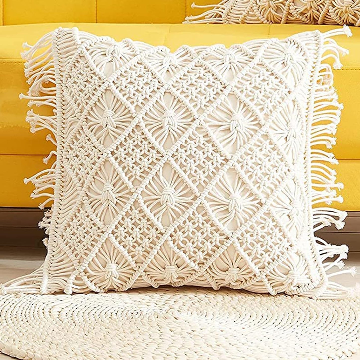Bohemian Macrame Cushion Cover | 45x45cm | Cream Cotton | Geometric Pattern | Fringed Edges-3