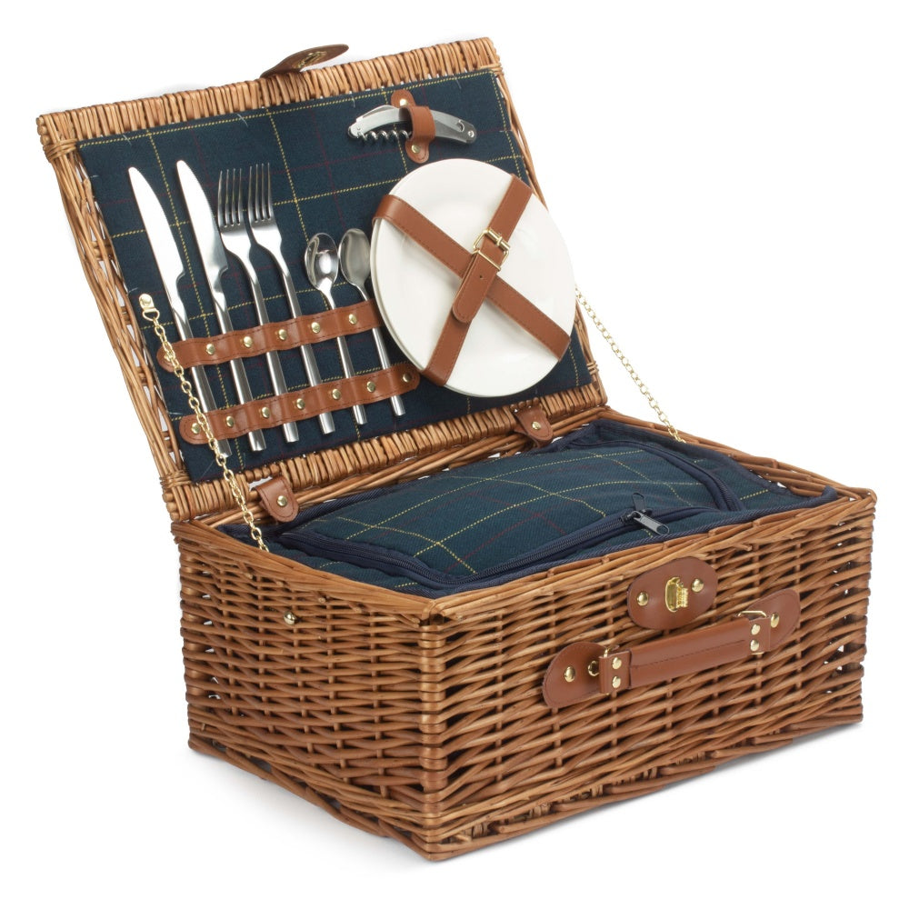 Cesta de picnic de mimbre ajustada de tweed azul
