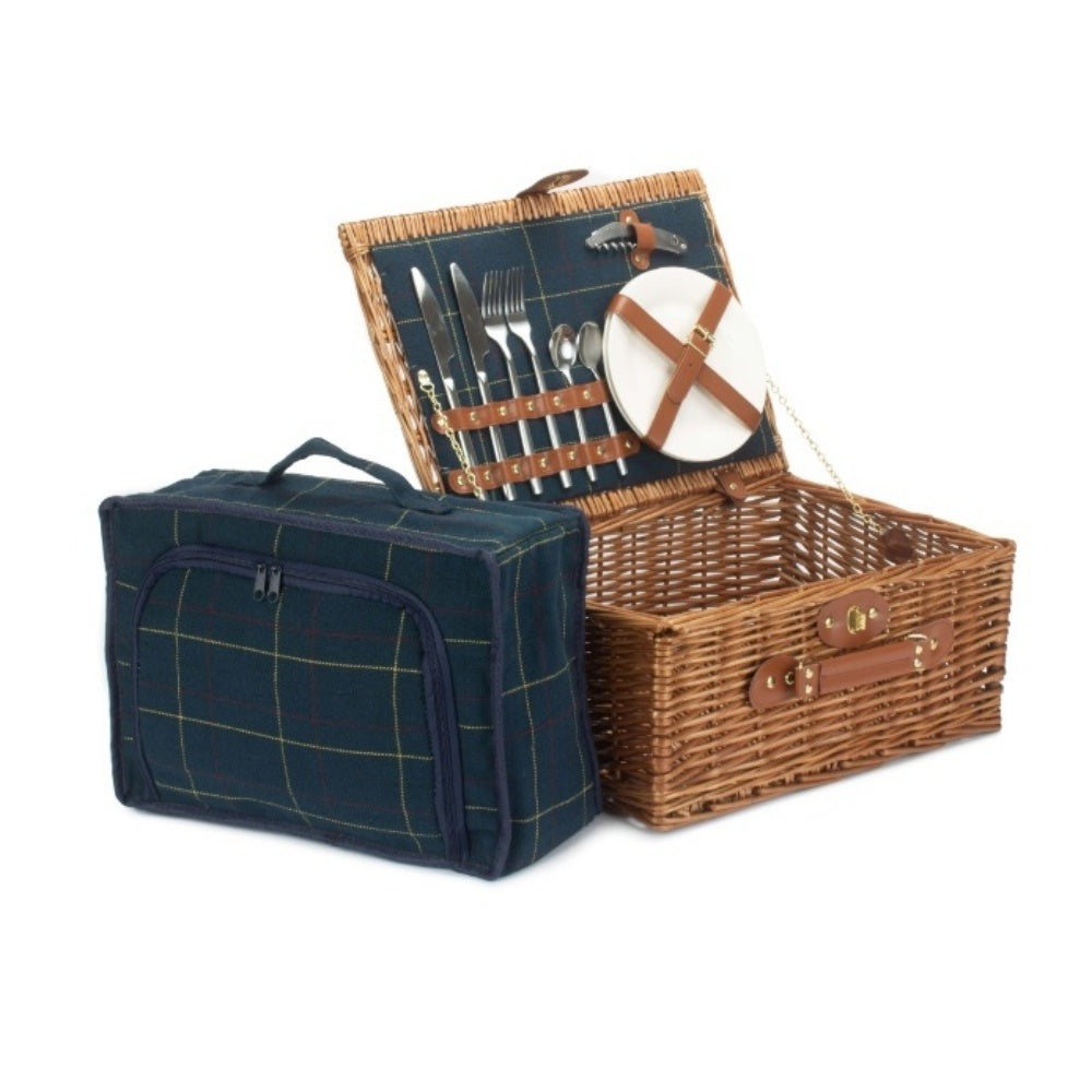 Cesta de picnic de mimbre ajustada de tweed azul
