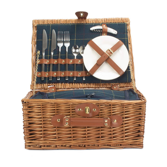 Blue Tweed Fitted Wicker Picnic Basket