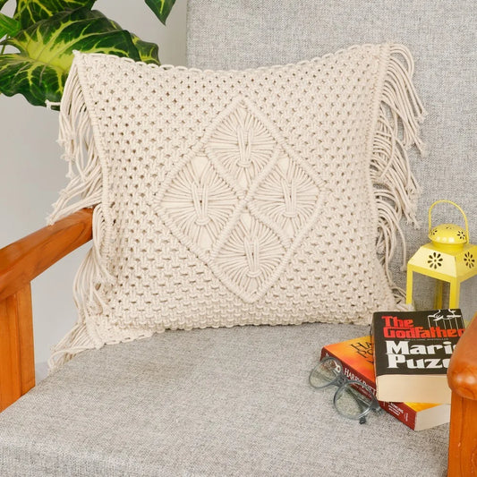 Boho Cushion Cover with Macrame Design | 40x40cm | Cream | Fringed Edges | Handmade-0