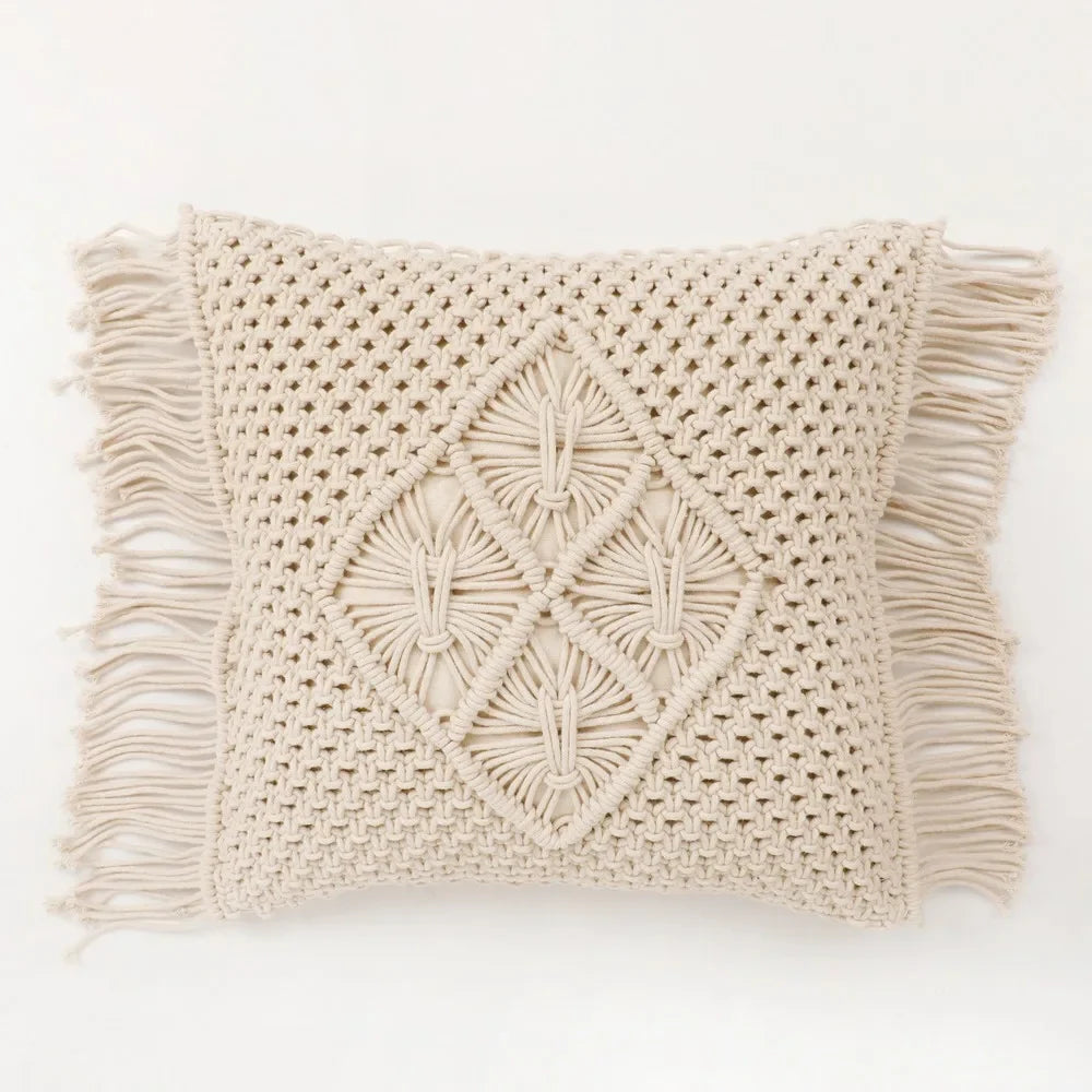 Boho Cushion Cover with Macrame Design | 40x40cm | Cream | Fringed Edges | Handmade-3