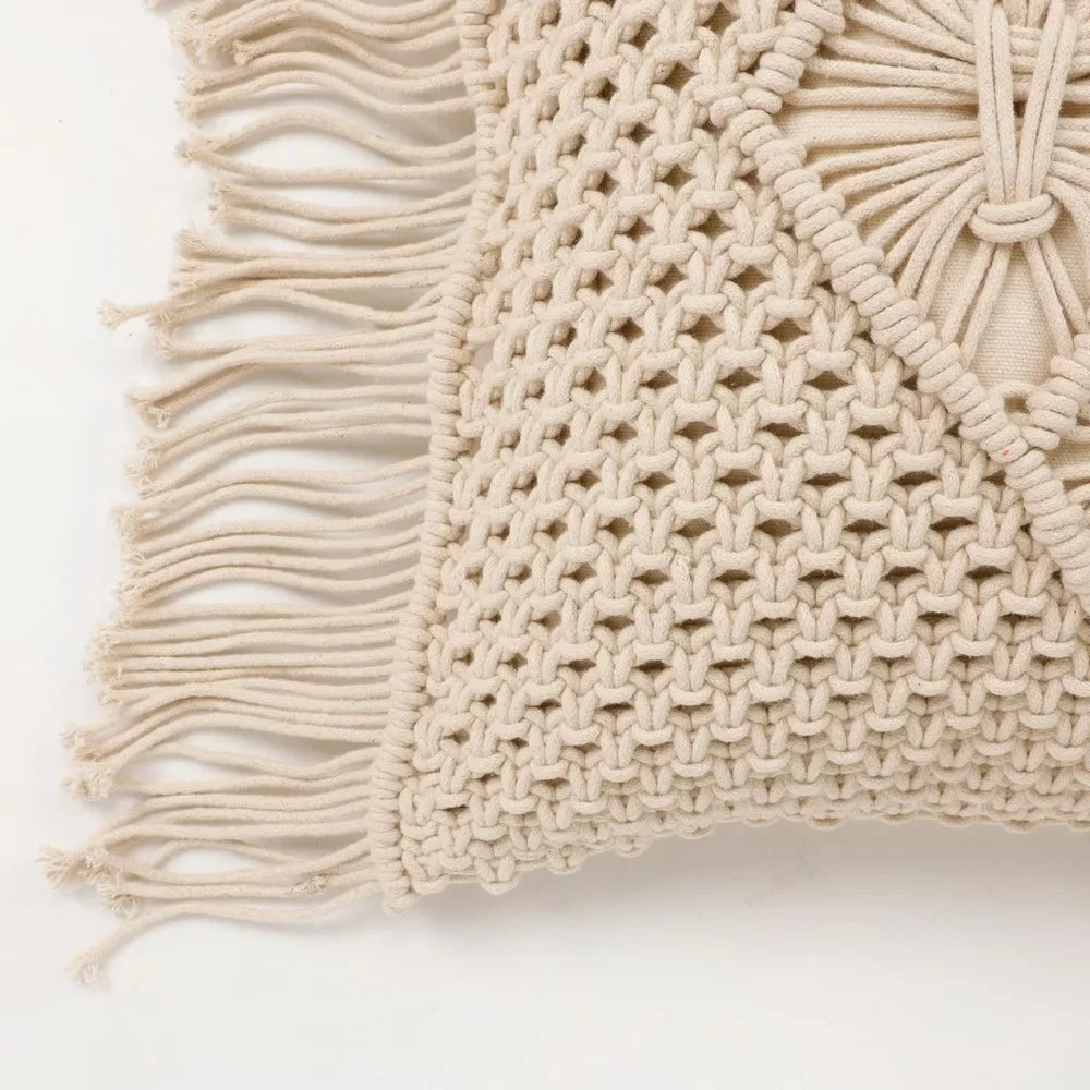 Boho Cushion Cover with Macrame Design | 40x40cm | Cream | Fringed Edges | Handmade-2