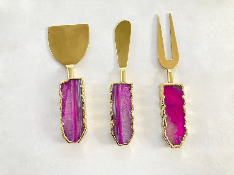 Set of 3 Pink Agate Cheese Knives/Spreaders