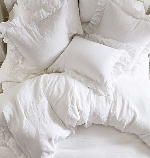 White - 100% Pure Linen | Linen Cotton Mix | 3 Piece Ruffle Duvet Cover Set | Handmade | Pre-washed | Soft