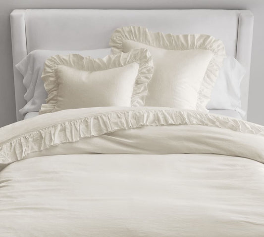 Ivory - 100% Pure Linen | Linen Cotton Mix | 3 Piece Ruffle Duvet Cover Set | Handmade | Pre-washed | Soft