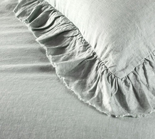 Sage Green - 100% Pure Linen | Linen Cotton Mix | 3 Piece Ruffle Duvet Cover Set | Handmade | Pre-washed | Soft