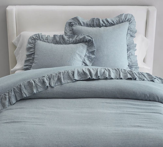 Sky Blue - 100% Pure Linen | Linen Cotton Mix | 3 Piece Ruffle Duvet Cover Set | Handmade