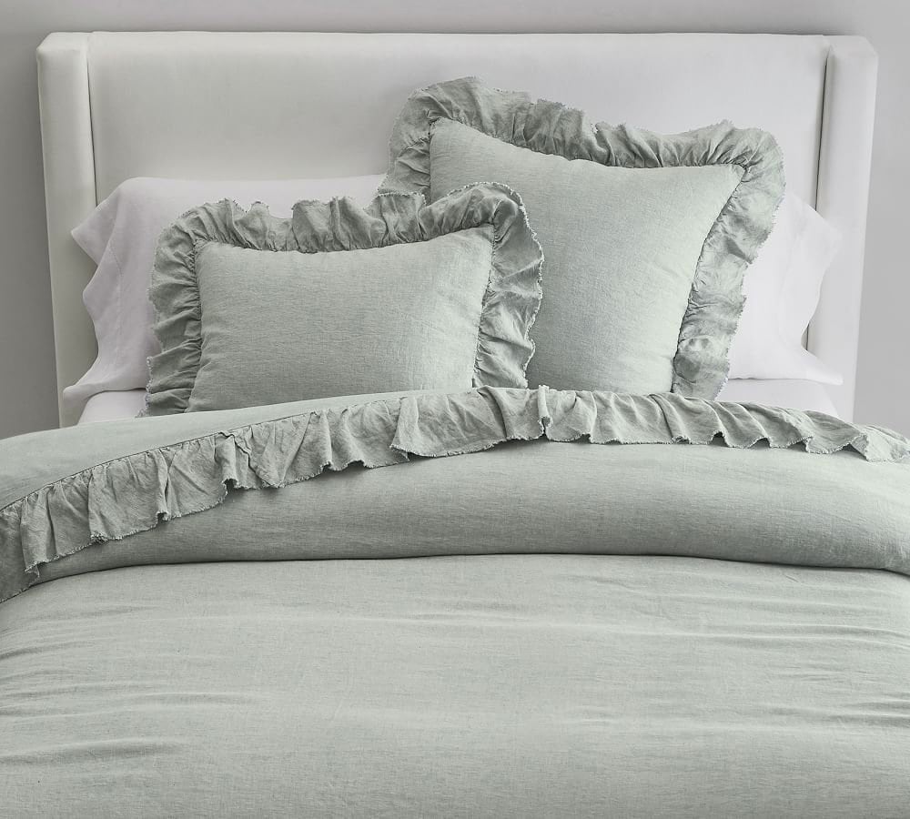 Sage Green - 100% Pure Linen | Linen Cotton Mix | 3 Piece Ruffle Duvet Cover Set | Handmade | Pre-washed | Soft