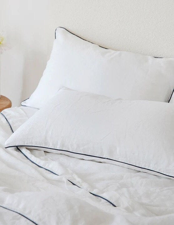 White with Navy Piping  - 100% Pure Linen or Linen Cotton | 3 Piece Duvet Cover Set | Handmade