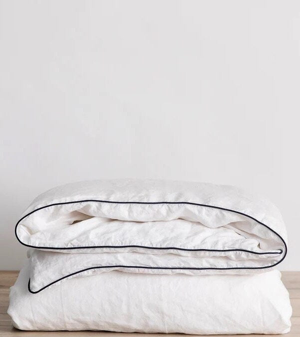 White with Navy Piping  - 100% Pure Linen or Linen Cotton | 3 Piece Duvet Cover Set | Handmade