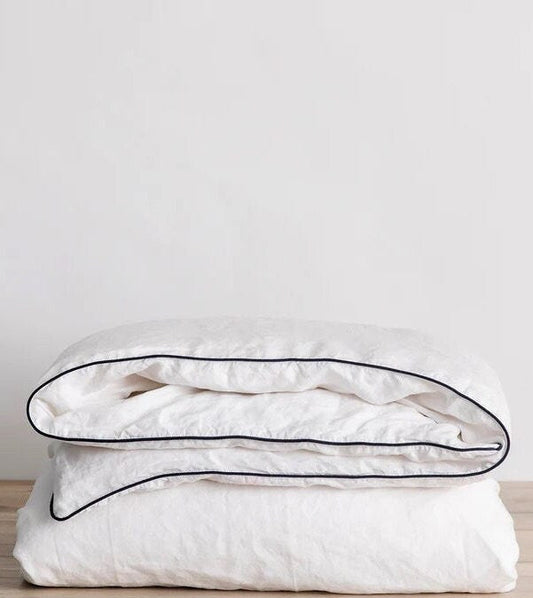 White with Navy Piping  - 100% Pure Linen or Linen Cotton | 3 Piece Duvet Cover Set | Handmade